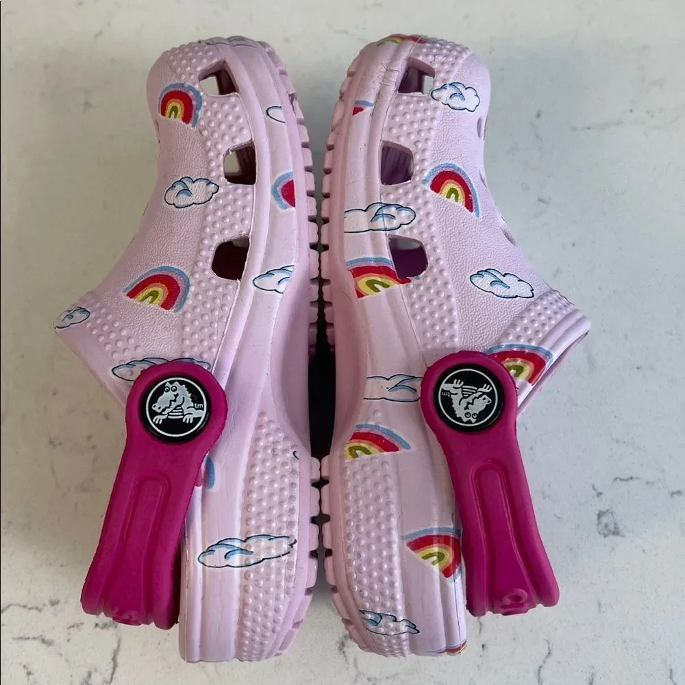 CROCS Kids Light Pink Clogs with Rainbow & Cloud Design Size 7